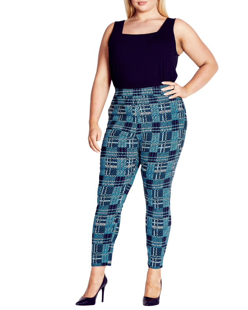 Front of a model wearing a size 14 PANT JEMMA CHECK in Teal by avenue. | dia_product_style_image_id:256361